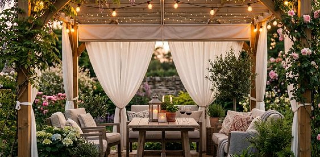 Terasová pergola s bielymi závesmi a svetelnou reťazou