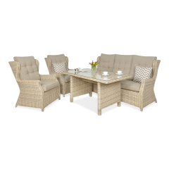 Záhradná zostava BJORKKA Trivento Dining 3 Beige s jedálenským stolom, dvoma kreslami a pohovkou s béžovými vankúšmi