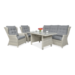 Záhradná súprava BJORKKA Trivento Dining 3 White Grey s bielym technoratanom, sivými vankúšmi, dvoma kreslami, pohovkou a stolom