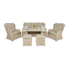 Záhradná súprava z technoratanu TRIVENTO DINING 3 Beige v béžovej farbe s pohovkou, dvomi kreslami, taburetkami a stolom