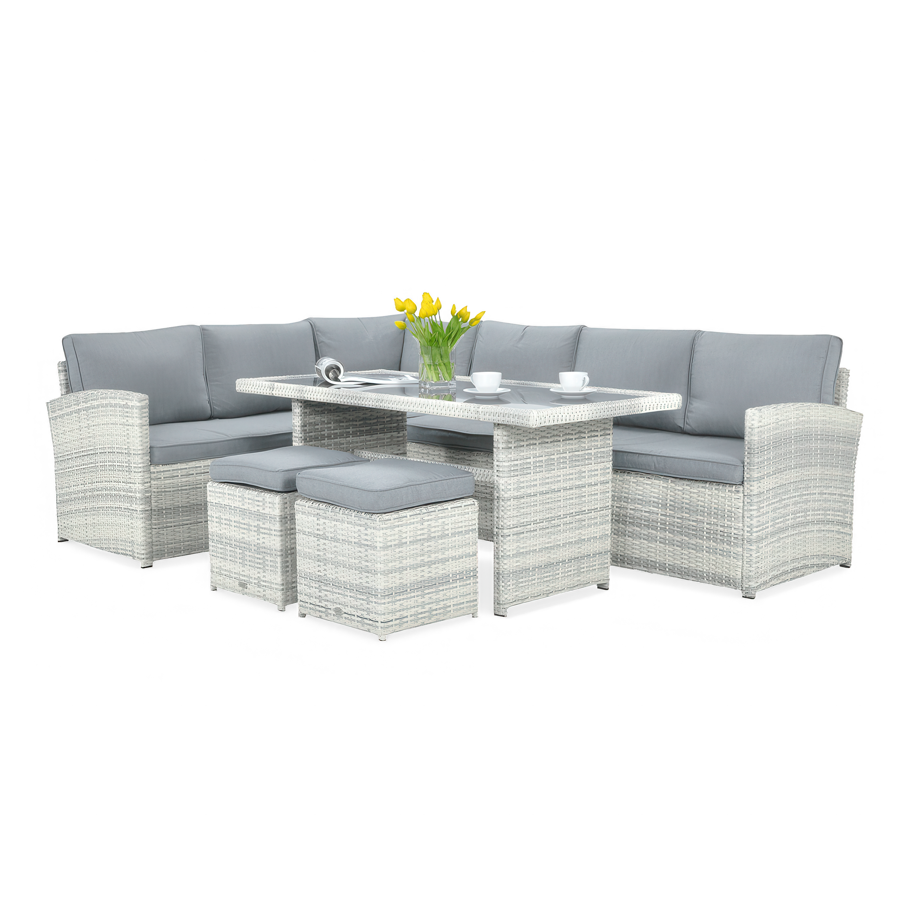 Technorattan rohový SALO + PUFY Biela Sivá