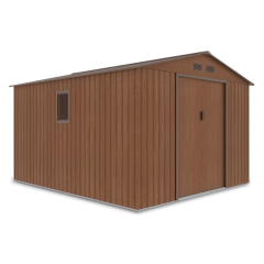 Hnedý kovový záhradný domček na náradie HUDSON 277x319 cm vo farbe Walnut s dverami a oknom na bočnej stene