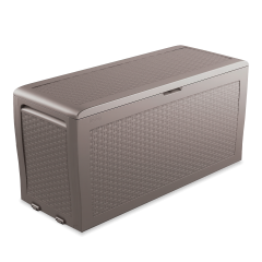 Záhradný úložný box Keter Samoa Rattan 270L vo farbe cappuccino s textúrou pripomínajúcou ratan na bielom pozadí