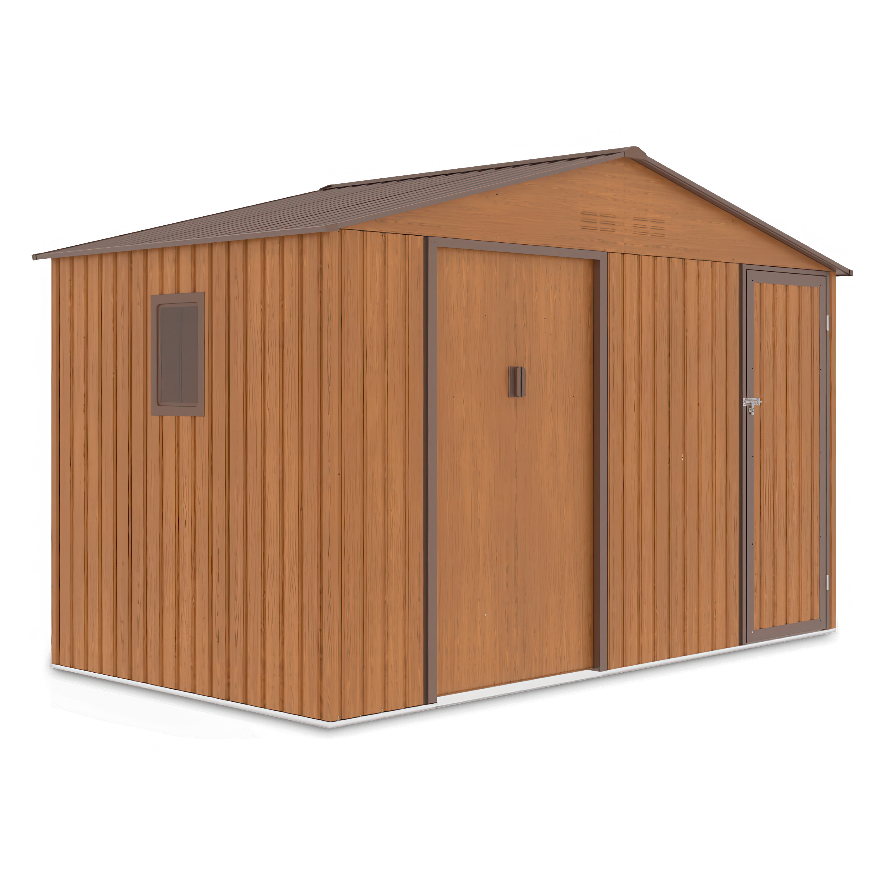 Kovový záhradný domček Hardmaister FALCON 340x194 cm vo farbe dub hnedý s dverami a oknom na bielom pozadí