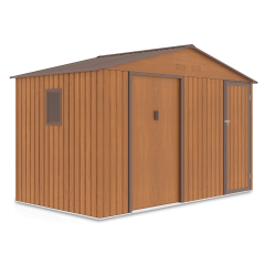 Kovový záhradný domček Hardmaister FALCON 340x194 cm vo farbe dub hnedý s dverami a oknom na bielom pozadí