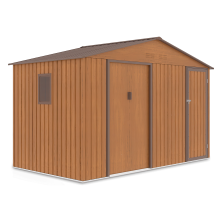Kovový záhradný domček Hardmaister FALCON 340x194 cm vo farbe dub hnedý s dverami a oknom na bielom pozadí