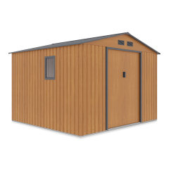Kovový domček na náradie HUDSON 277x255 cm vo farbe dub sivý s bočným oknom a dvojkrídlovými dverami na bielom pozadí