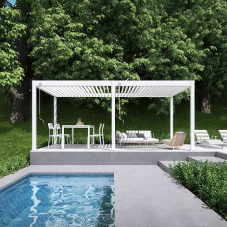 Biela hliníková pergola Gutroof ELEGANCE 3x6 m nad terasou s posedením pri bazéne v záhrade