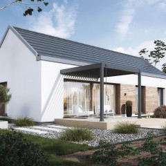Antracitová hliníková pergola ku stene Gutroof ELEGANCE WALL 3x3 m na terase moderného rodinného domu
