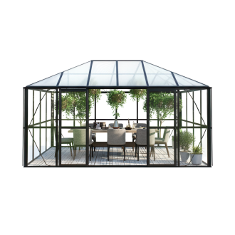 Ogród zimowy BROADWAY Black 436x295cm PC+ Glass - Gutroof - stojący w ogrodzie w pełnym słońcu, wśród zieleni