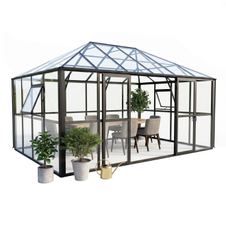 Oranzeria zimowa BROADWAY Black 436x295cm Solid PC+ Glass - Gutroof, na ogrodzie, czarna, szklany dach, wśród kwiatów i roślin