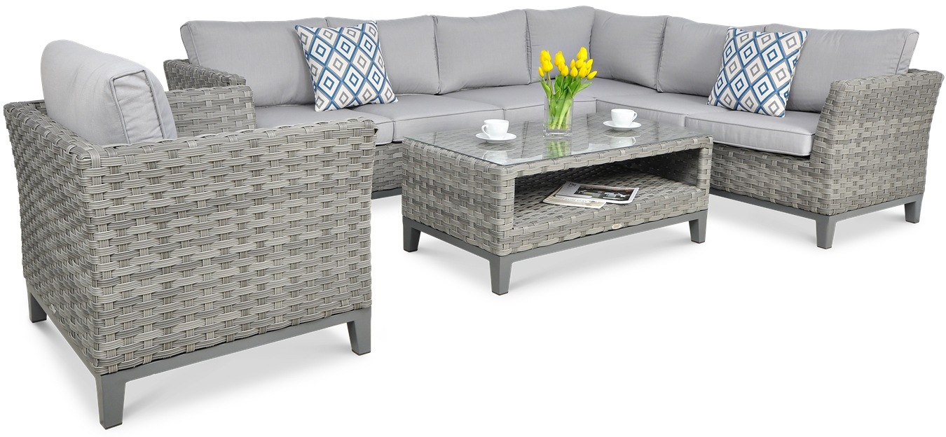 Technorattanová rohová pohovka MALAGA CAFFE + SEDACIA ČASŤ Moderná sivá