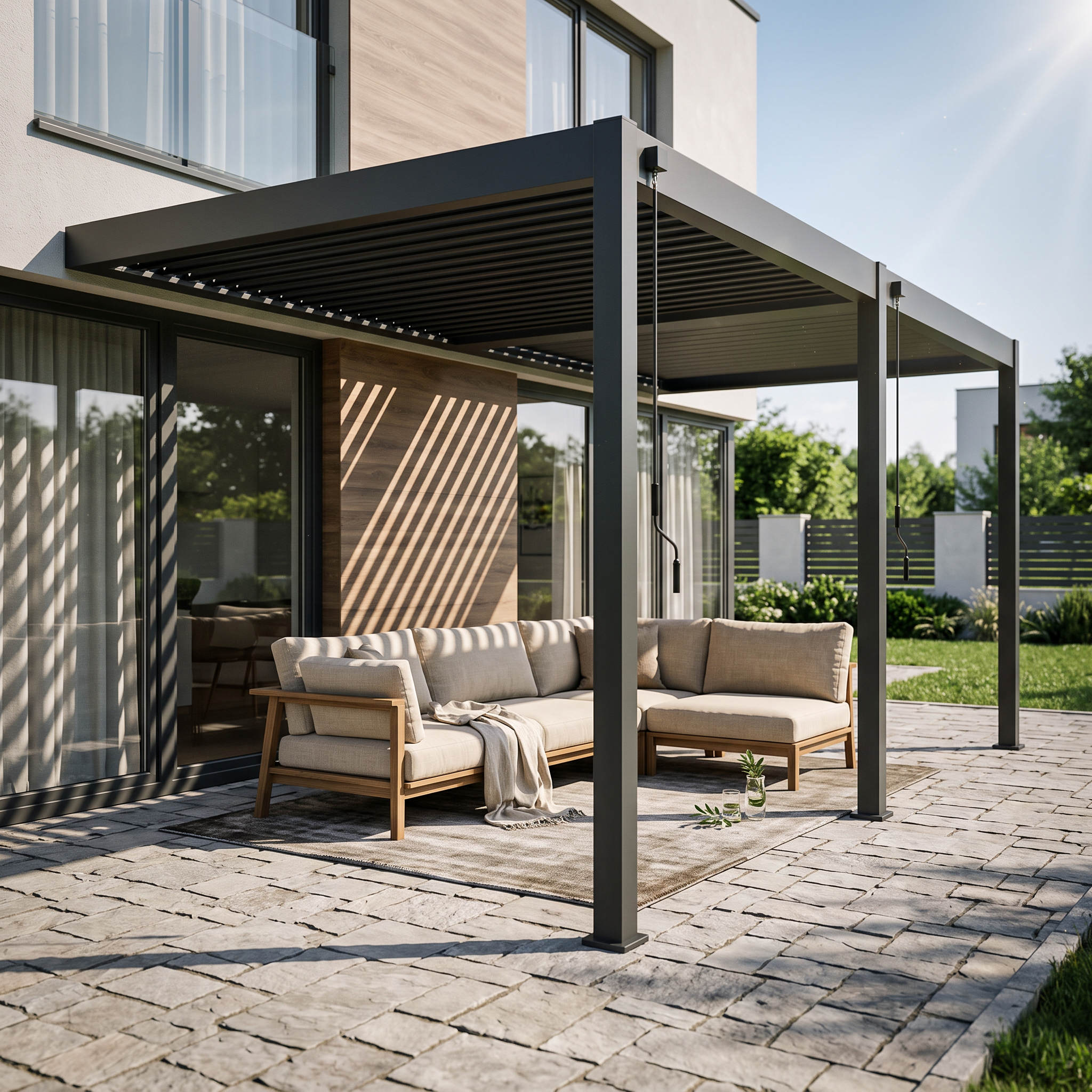 Hliníková pergola Gutroof ELEGANCE WALL 3x6 m v antracitovej farbe s kľukami na ovládanie striech pri pohľade spredu