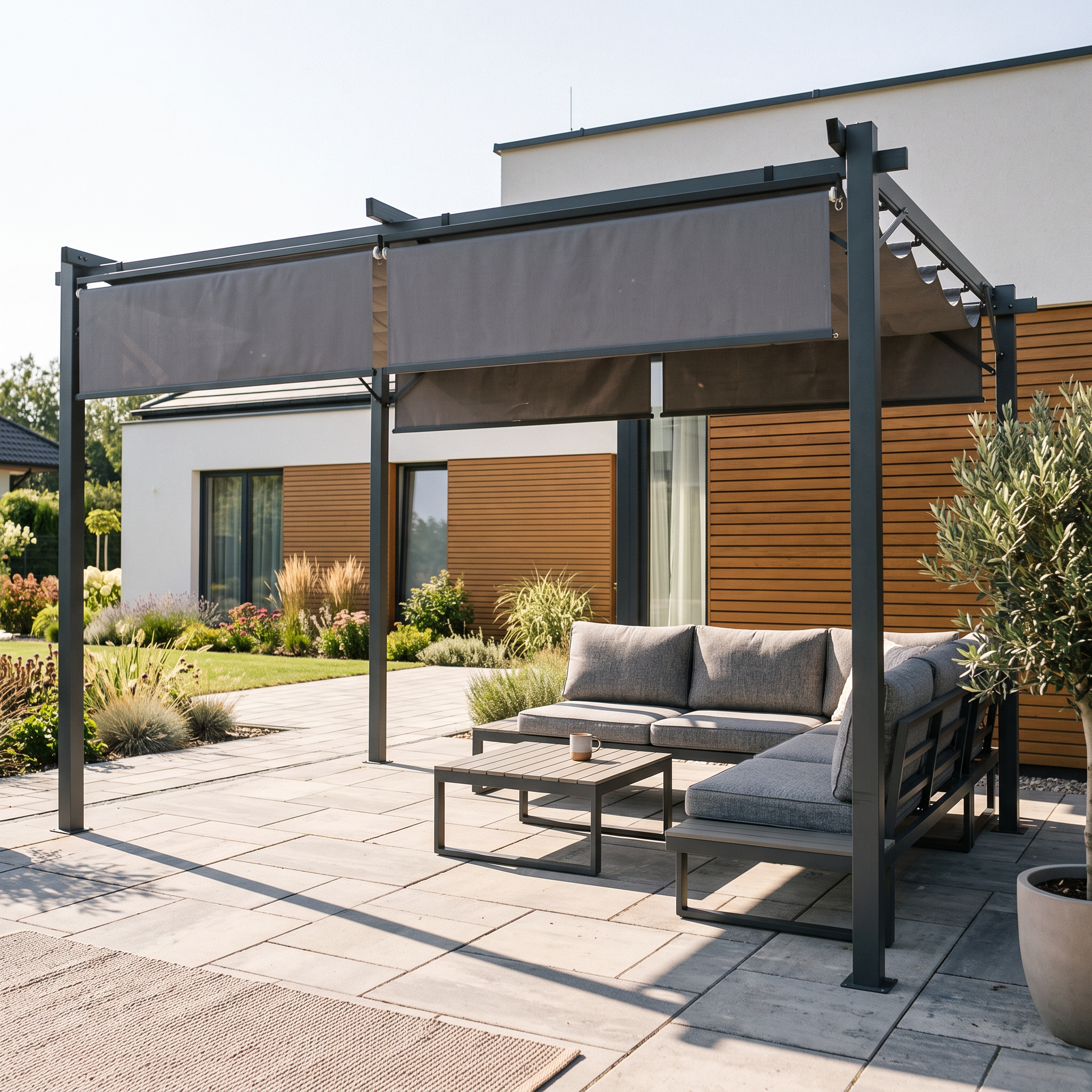 Oceľová pergola Hardmaister Sprint Plus 3x4 m v antracitovej farbe s čiastočne spustenými bočnými roletami na izolovanom pozadí