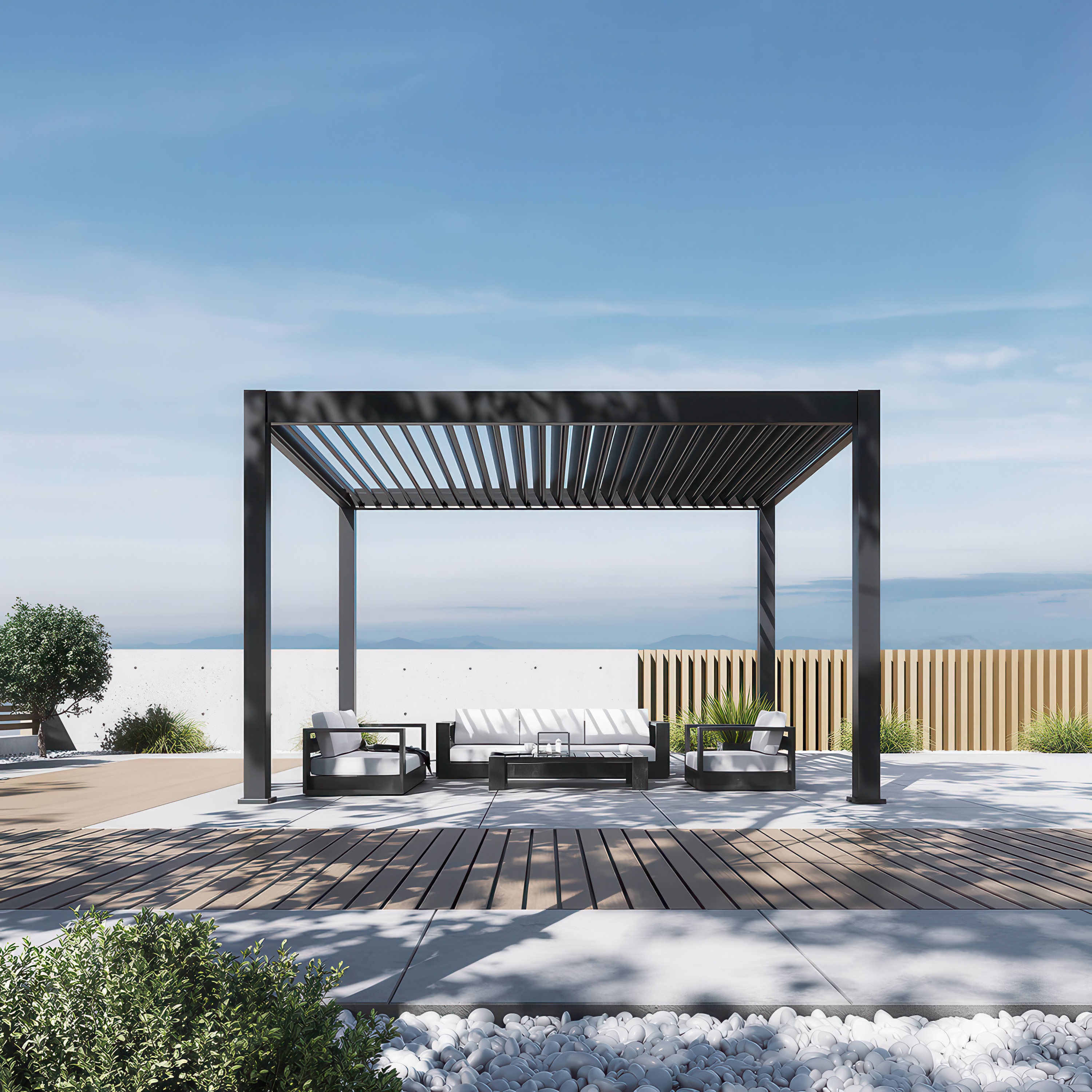 Elektrická hliníková pergola Gutroof DELUXE PRO 3x4 m s LED osvetlením aranžovaná na modernej terase s nábytkom