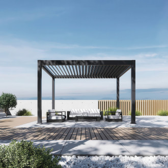 Elektrická hliníková pergola Gutroof DELUXE PRO 3x4 m s LED osvetlením aranžovaná na modernej terase s nábytkom