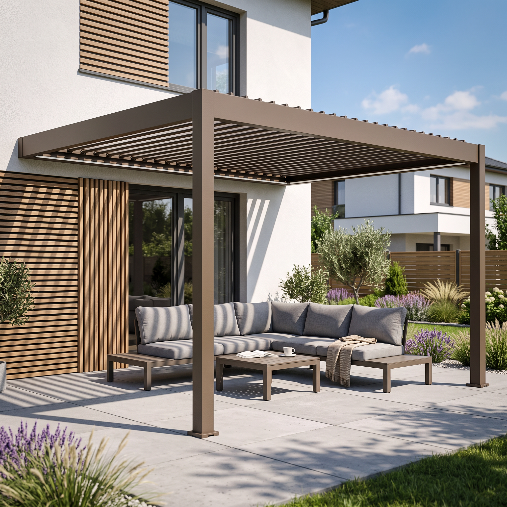 Hliníková pergola Gutroof ELEGANCE WALL AUTOMATIC 3x4 Taupe v minimalistickom dizajne na bielom pozadí