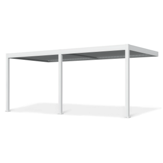 Biela automatická nástenná terasa pergola ELEGANCE WALL AUTOMATIC 3x6 s pevnou konštrukciou na čiernom pozadí
