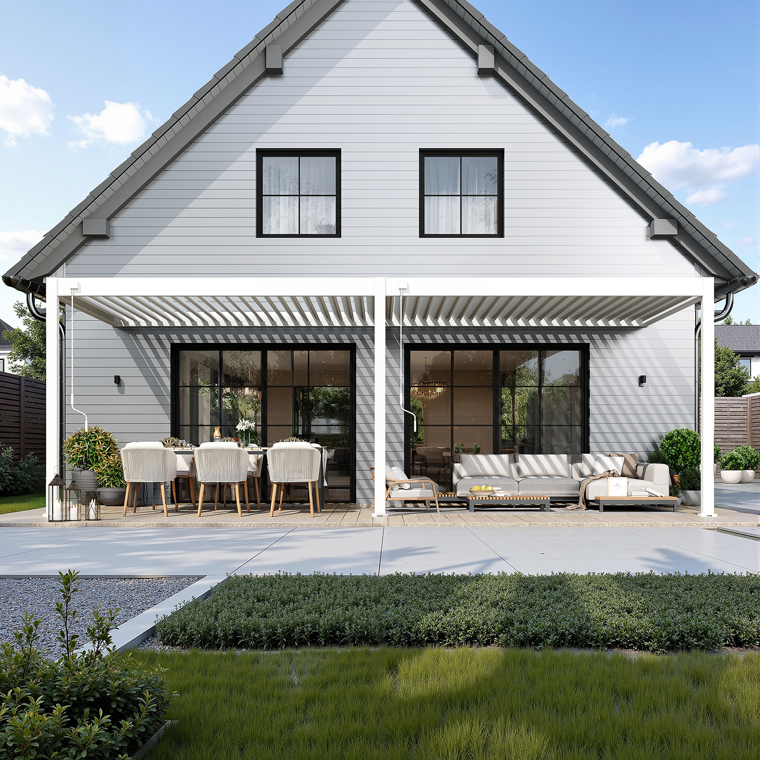 Nástenná pergola DELUXE Wall 3,6x7,2 White pri dome s posedením na terase