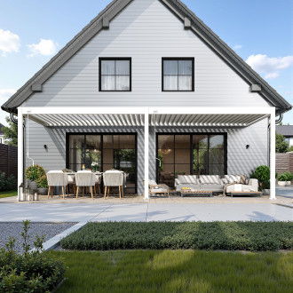 Nástenná pergola DELUXE Wall 3,6x7,2 White pri dome s posedením na terase