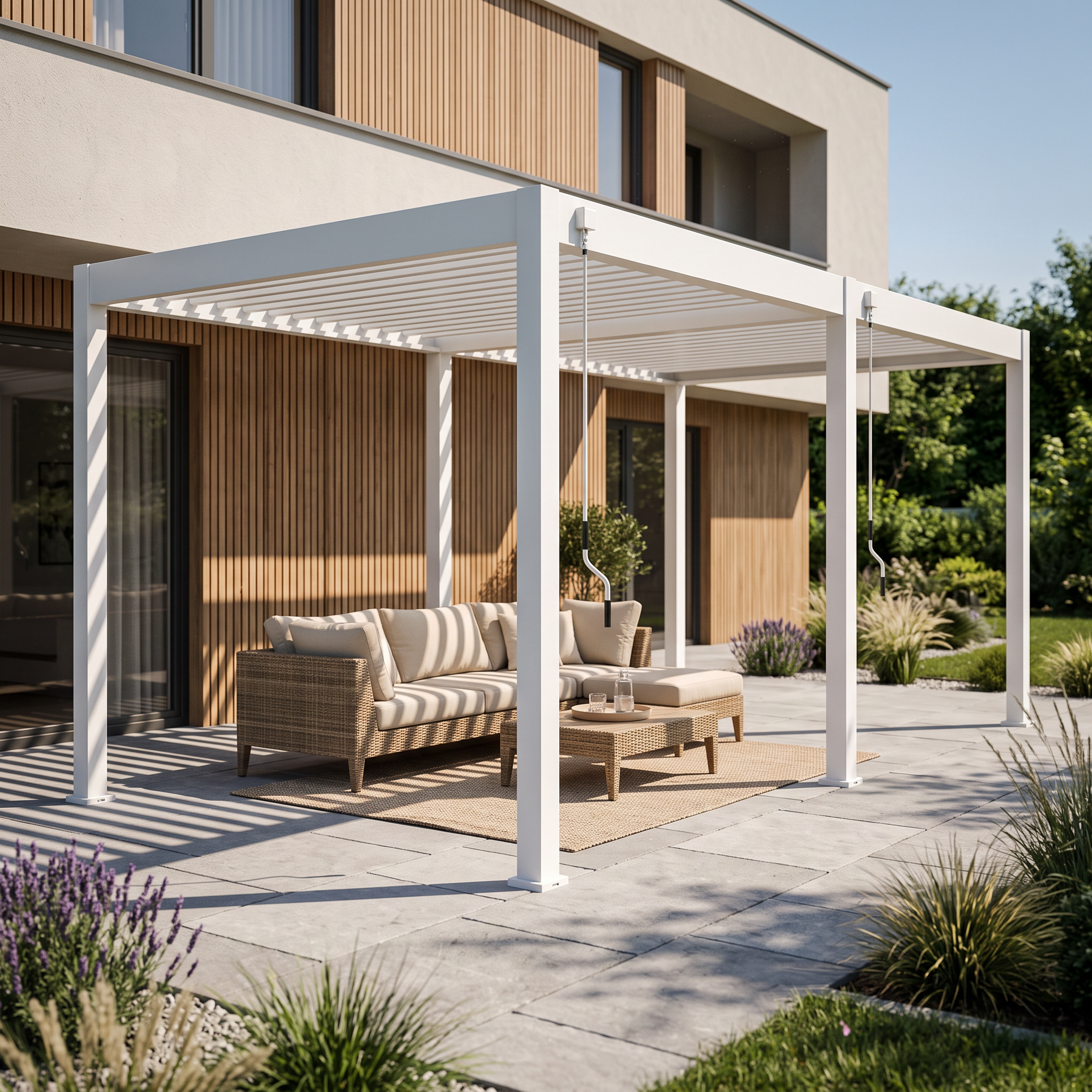 Biela hliníková pergola Gutroof ELEGANCE 3x6 m nad terasou s posedením pri bazéne v záhrade