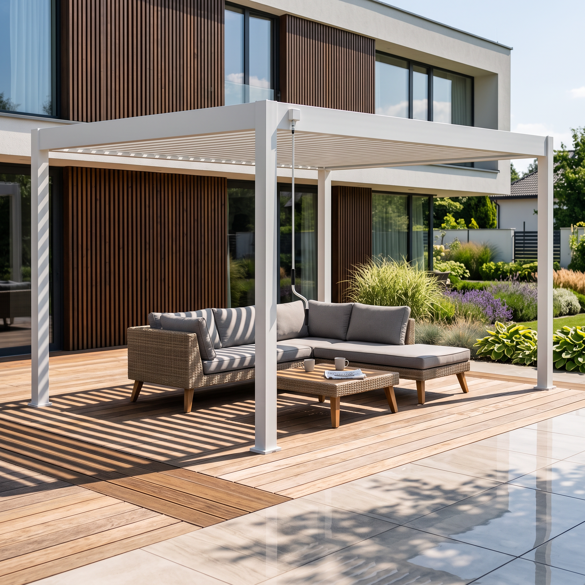 Hliníková pergola Gutroof ELEGANCE 3x4 m biela s otočnými lamelami a kľukou na ovládanie strechy na bielom pozadí