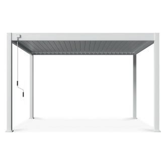 Hliníková terasa pergola DELUXE 3,6x4 White s kľukou na ovládanie strechy na bielom pozadí