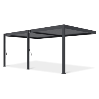 Antracitová záhradná pergola DELUXE Wall 3,6x6 s nastaviteľnou strechou na čiernom pozadí