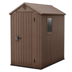 Hnedý záhradný domček Keter Darwin 4x6 s dverami, oknom a ventilačným otvorom na biele pozadí