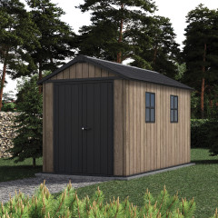 Záhradný domček Keter DECO APEX 7511 Ashwood v imitácii dreva s čiernymi dverami a oknami v záhradnom prostredí