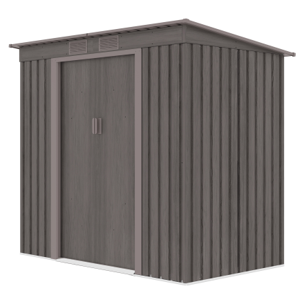 Kovový domček na náradie OREGON 201x121 cm vo svetlom dekore dreva s jednokrídlovými dverami a ventilačnými otvormi