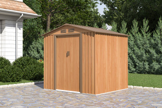 Záhradný domček VECTOR 7x6 Hardmaister vo farbe dub a hnedá stojí na záhrade pri dome v zelenej záhradnej kompozícii