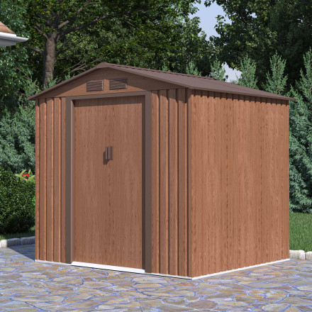 Kovový záhradný domček VECTOR 7x6 Walnut vo farbe dreva umiestnený v záhrade na dláždenej ploche