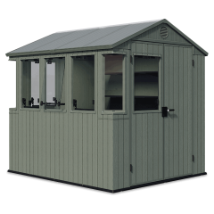 Sivý plastový záhradný domček so skleníkom Keter Potting Shed 6x8 s oknami a dvojkrídlovými dverami