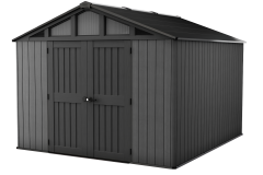Záhradný domček Keter Stronghold SHED 10x11,5 sivý s dvojkrídlovými dverami na bielom pozadí