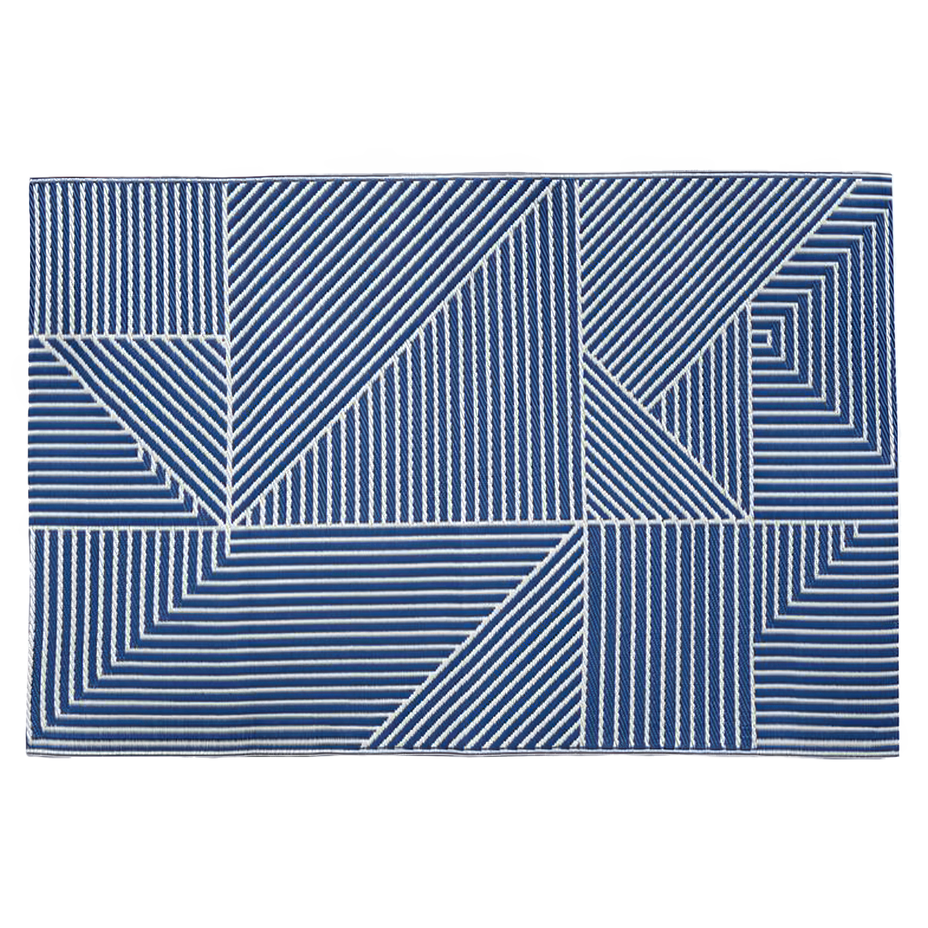 Obdĺžnikový vonkajší koberec Linear Blue 120x180cm s modro-bielym geometrickým vzorom z pruhov na čiernom pozadí