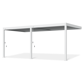 Biela hliníková pergola ELEGANCE WALL 3x6 s kľukovým mechanizmom na ovládanie strechy na bielom pozadí