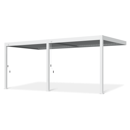 Biela hliníková pergola ELEGANCE WALL 3x6 s kľukovým mechanizmom na ovládanie strechy na bielom pozadí