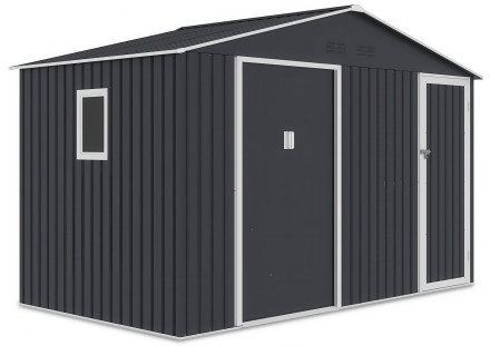 Przód domku ogrodowego FALCON w zimno-szarym kolorze z oknem i otworami wentylacyjnymi