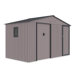 Kovový záhradný domček Hardmaister FALCON 340x194 cm vo farbe Warm Grey s dverami a oknom na bielom pozadí
