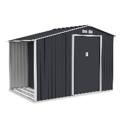 Sivý kovový domček na náradie s drevníkom MADISON 278x191 cm z pohľadu na exteriér budovy