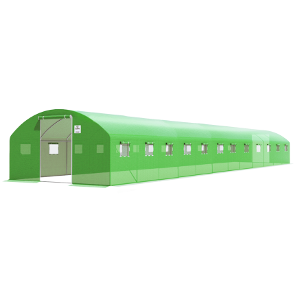 Zelený záhradný fóliový tunel DUAL DVERE 4x12x2 s 12 sekciami a oknami na čiernom pozadí