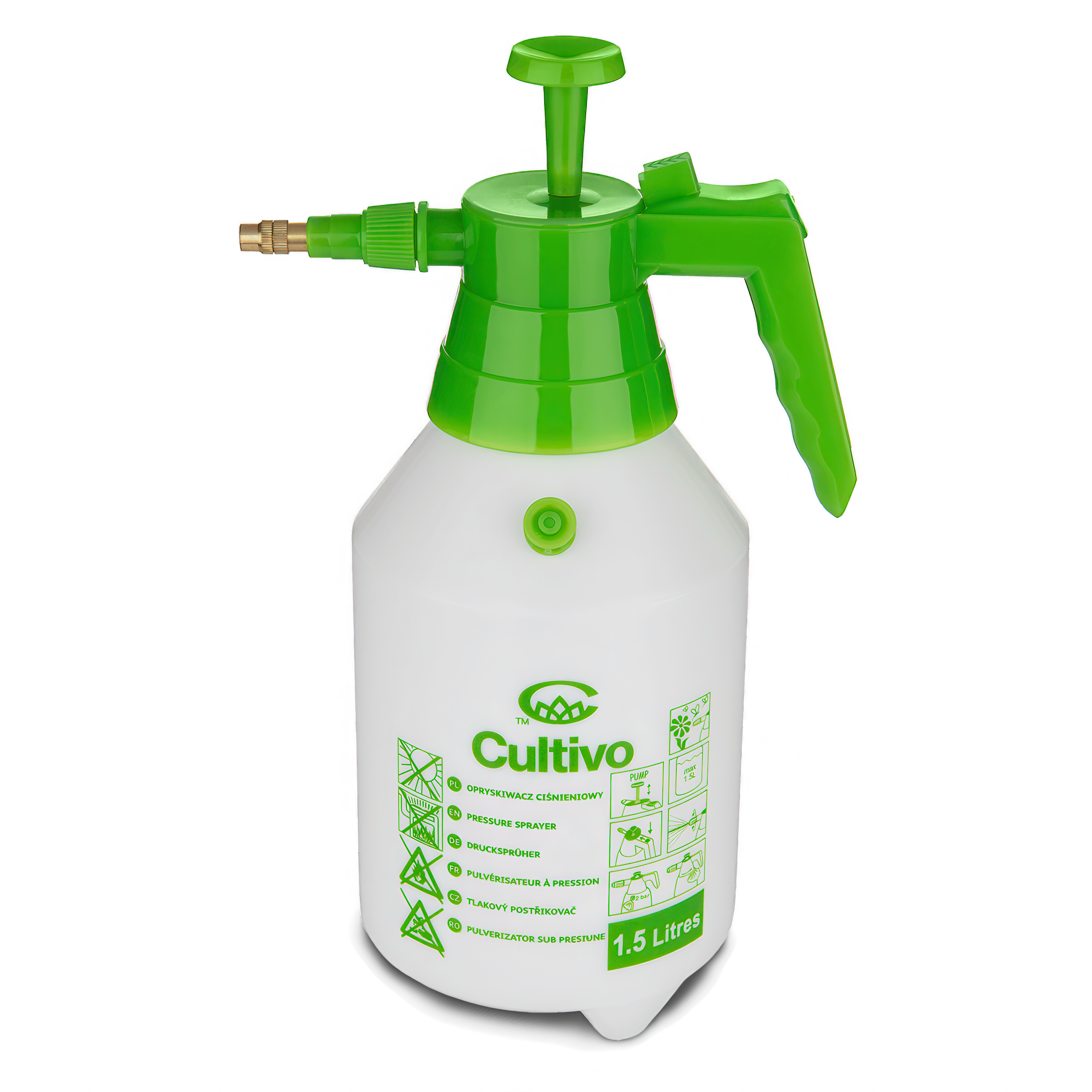 opryskiwacz ręczny z białym pojemnikiem i zielonym uchwytem i dyszą