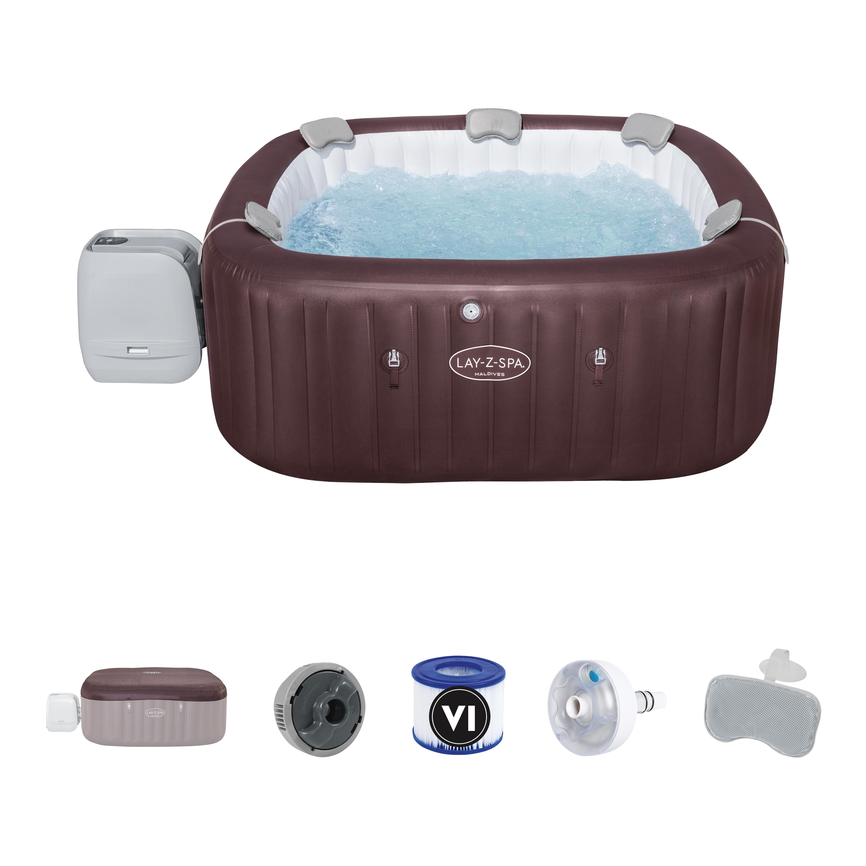 Nafukovacia vírivka LAY-Z-SPA MALDIVES SMART HYDROJET PRO bordovej farby s príslušenstvom a filtračnou jednotkou