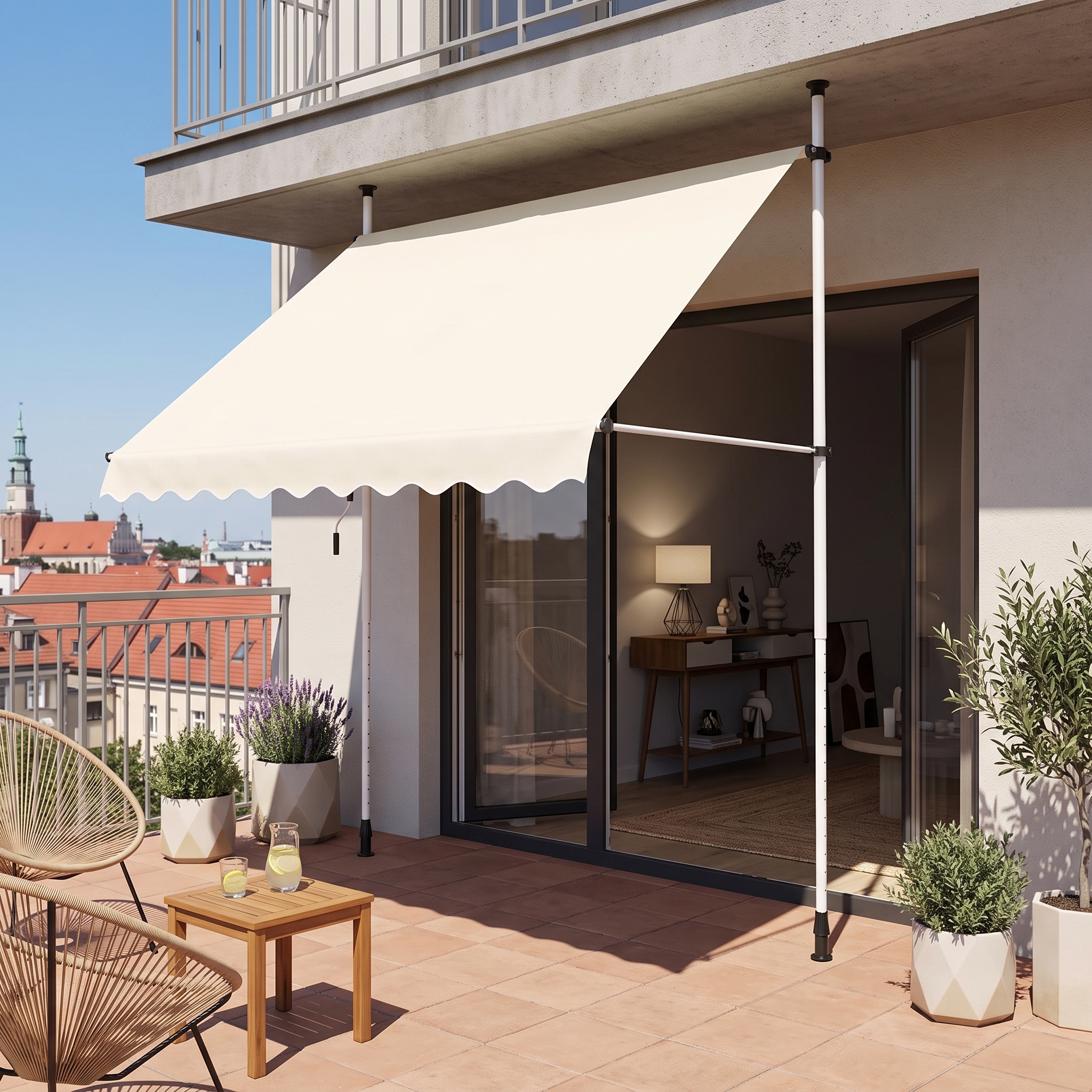 Béžová balkónová markíza Bjørkka EASY 300x130 cm rozložená nad balkónovým sedením pri stene bytového domu