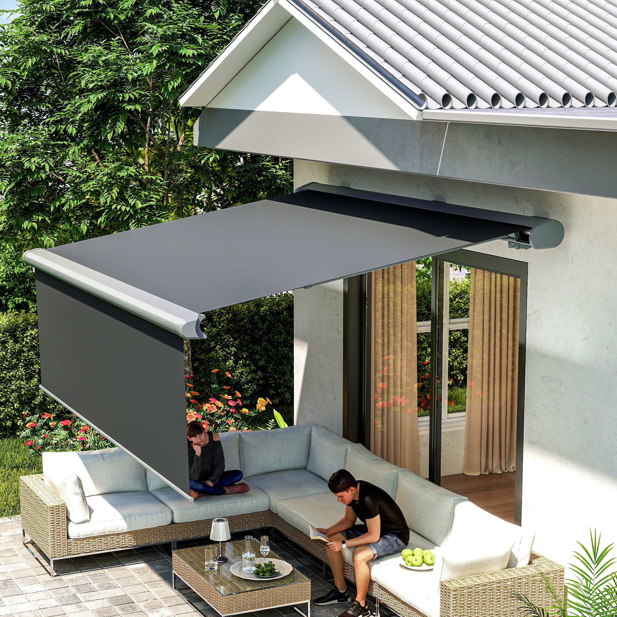 Markíza na terasu DELUXE PLUS AUTOMATIC 450x300 GREY s LED a senzorom - Gutroof