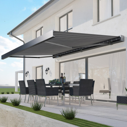 Markíza na terasu PRIME AUTOMATIC 400x300 GREY/WHITE s LED osvetlením a senzorom vetra/slnka - Gutroof