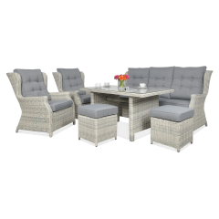 Záhradná zostava Trivento 3 Dining s pufmi White Grey so stolom, kreslami a pohovkou s sivými vankúšmi na bielom pozadí