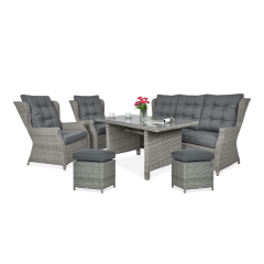 Záhradná súprava Trivento 3 Dining s pufmi Stone Grey so stolom, kreslami, pohovkou a sivými vankúšmi