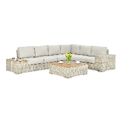 Záhradná rohová súprava BJORKKA Avocado Wood Beige z technorattanu s béžovými vankúšmi a drevenými prvkami stolíka
